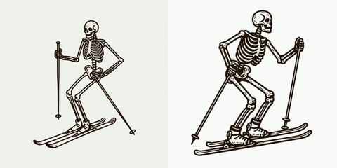 Skeleton as Skier Holding Poles. Skeletal sport clipart silhouette vector illustration. Bony figure glides downward rigid anatomy grasping ski sticks winter.