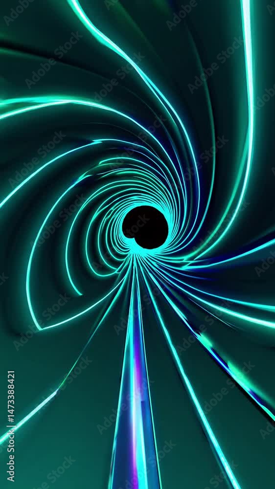 Poster glowing cyan abstract line dynamically forms and rotates into a complex spiral tunnel or vortex on a
