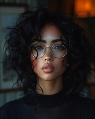 Fototapeta premium A young woman with curly black hair and blue eyes wears round glasses and a black turtleneck, sporting a subtle smile.
