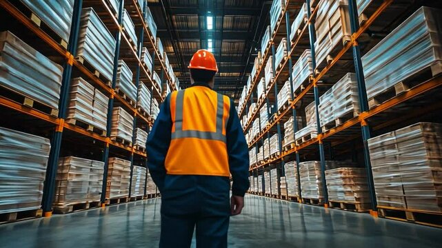 Warehouse worker conducts inspection of storage area with pallets and shelves, prioritizing safety and organization in facility.