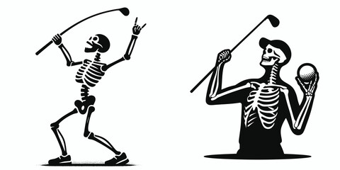 Skeleton as Golf Player Celebrating. Skeletal sport clipart silhouette vector illustration. Bony golfers joyous triumph a figure enjoys victory on course.
