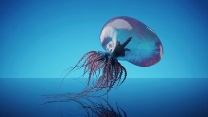 An eerie sea creature with long tentacles floats in blue water, an otherwordly marine life form.
