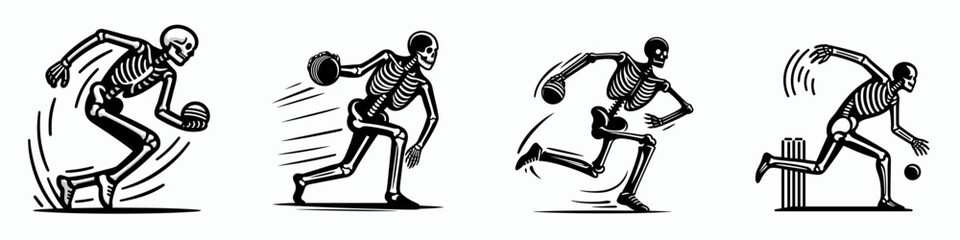 Skeleton as Cricket Bowler Bowling. Skeletal sport clipart silhouette vector illustration. Bony figure hurling sphere spooky funny concept halloween athletic theme.