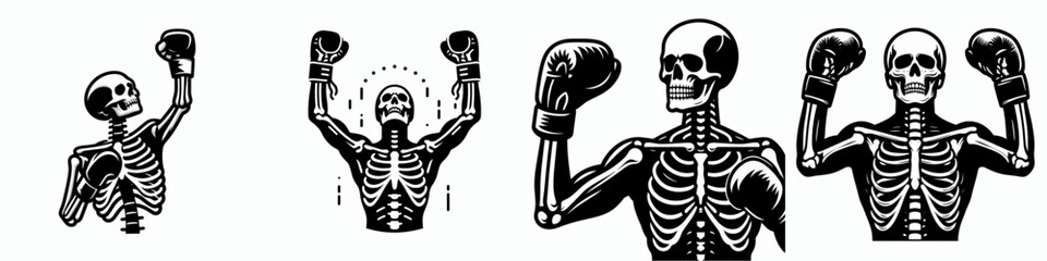 Skeleton as Boxer Raising Gloves. Skeletal sport clipart silhouette vector illustration. Bony pugilist flexing covering for hand athlete lifting fist protector.
