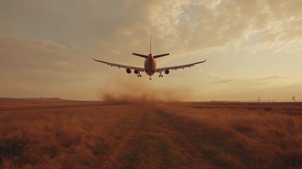 Airplane Landing in a Field at Sunset