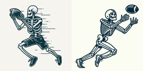 Skeleton as American Football Player Catching Ball. Skeletal sport clipart silhouette vector illustration. Boney athlete snagging pigskin a gridiron spectral figure in action.