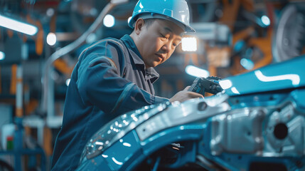 A factory worker meticulously inspects a car body during the manufacturing process
