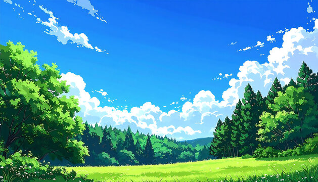 青空と雲と森の田舎の景色。アニメーション風のイラスト。Rural landscape with blue sky, clouds and forest. Animation style illustration.