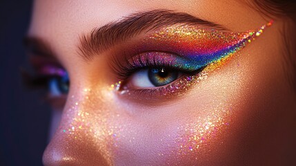 Fototapeta premium Close-up portrait of a woman with vibrant, sparkling eye makeup.
