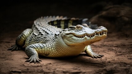 Obraz premium A large crocodile lies on a patch of dirt, its leathery scales and toothy grin prominent features.