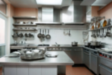 Interior of restaurant kitchen with professional utensils, out of focus, blurred