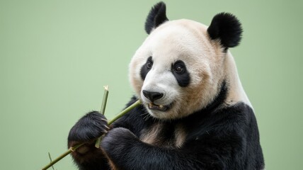 Obraz premium Gentle giant panda munching on bamboo against a soft green background in a focused close-up shot.