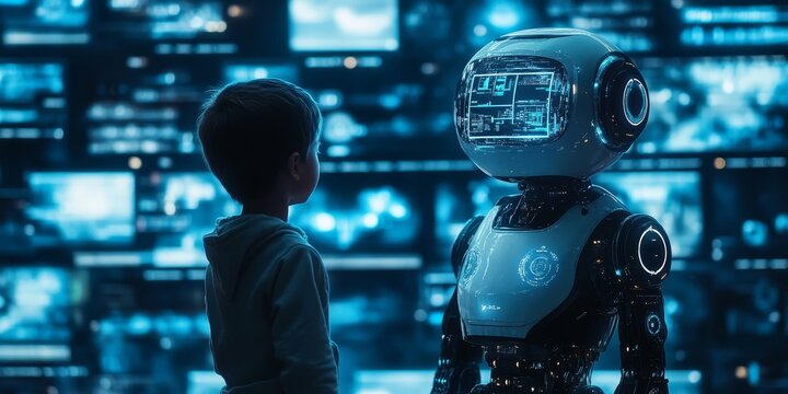 futuristic concept of a robot interacting with a child in a classroom, surrounded by holographic screens, Generative AI