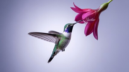 A hovering hummingbird reaches for the nectar of a vibrant fuchsia flower, wings spread wide.