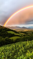 Naklejka premium Majestic Rainbow Arcing Over Rolling Green Hills and Lush Fields at Sunset