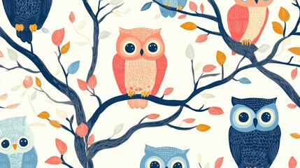Cute owls on branches with leaves
