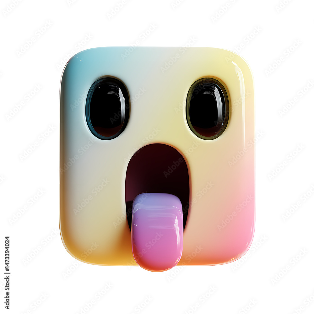 Poster 3d render of a colorful surprised emoji with tongue out on transparent background