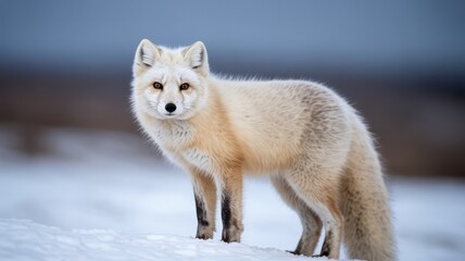 Portrait of a white fox standing alert in a snowy field with a dark blue, out-of-focus background