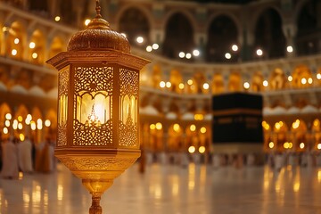 Obraz premium Eid Mubarak islamic ramadan latern kabah Background Template With Fanous 3D Rendering arabian lamps Space for text