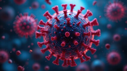 3D Render of a Virus Structure Under Microscope with Red Spike Proteins in Scientific Research