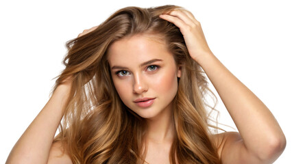 Fototapeta premium Brunette model with long hair and fresh makeup smiles, her beauty a natural glamour in a studio closeup