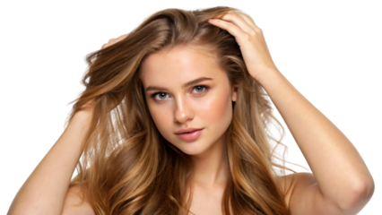 Brunette model with long hair and fresh makeup smiles, her beauty a natural glamour in a studio closeup