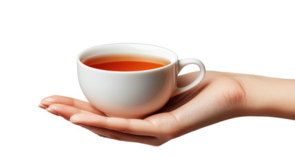 Closeup of hand holding mini coffee mug isolated on PNG white transparent background.