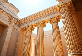 Fototapeta premium Isolated ionic column, intricate carvings, classical architecture, sunlight, shadow, copy space, relief