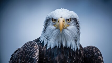 Obraz premium A majestic bald eagle intensely stares ahead with piercing yellow eyes and proud white head plumage.