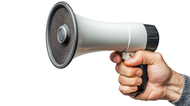 Hand holding a microphone shaped cutout isolated on PNG white transparent background.