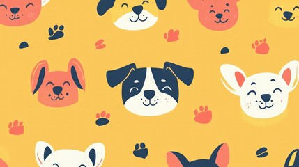 Cute dog faces and paw prints pattern on a yellow background