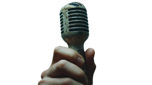 Hand holding a microphone shaped cutout isolated on PNG white transparent background.