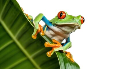 Obraz premium A vibrant, poised red-eyed tree frog rests delicately on a lush green leaf against a white backdrop.