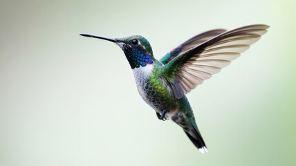 Fototapeta premium Hummingbird gracefully hovers in mid-air with wings outstretched against soft pastel background.