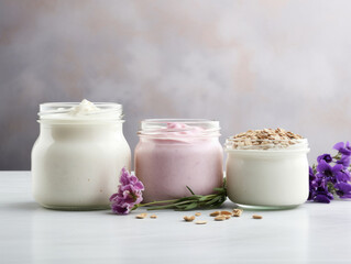 Three glass jars of yogurt; plain, berry, and with granola, garnished with flowers