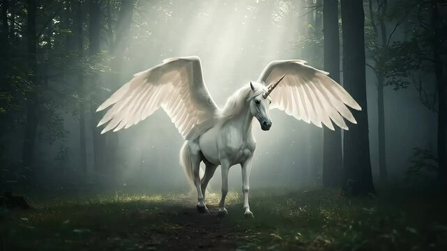 White Winged Unicorn in Misty Forest Clearing