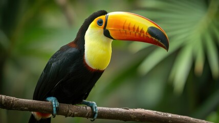 Vibrant toucan perches gracefully on a branch, showcasing its striking plumage and captivating gaze.