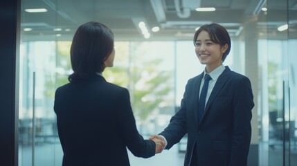 Businesswomen shaking hands in modern office.