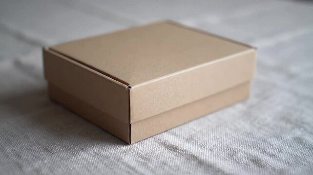 Light beige cardboard box on a linen tablecloth