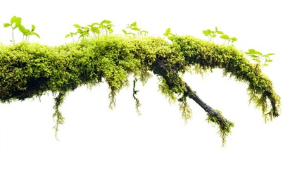 Lush green moss-covered tree branch in a serene nature scene, isolated on a clean white background, perfect for nature themes and environmental presentations.