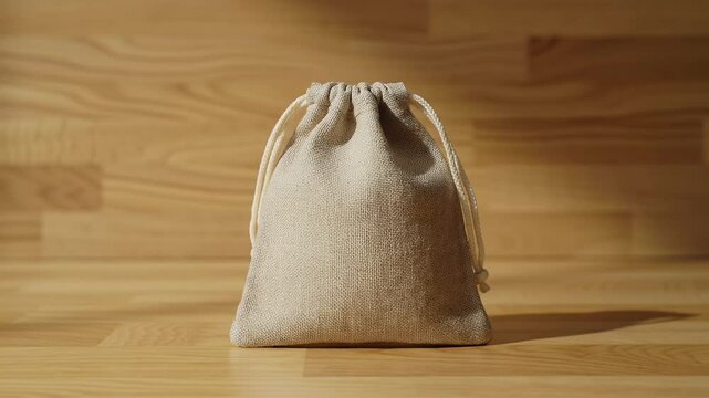 Empty beige drawstring bag on wooden surface