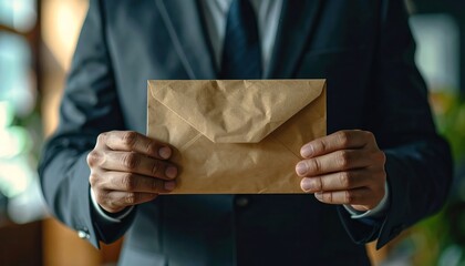 Fototapeta premium Businessman Holding Brown Envelope – Symbol of Bribery, Corruption or Confidential Transaction in Dark Corporate Setting