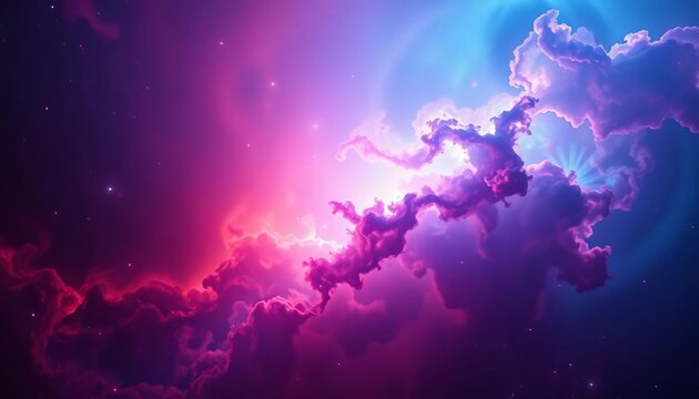 Grainy cosmic redshift to deep blue nebula, swirling gas and dust, otherworldly, ethereal