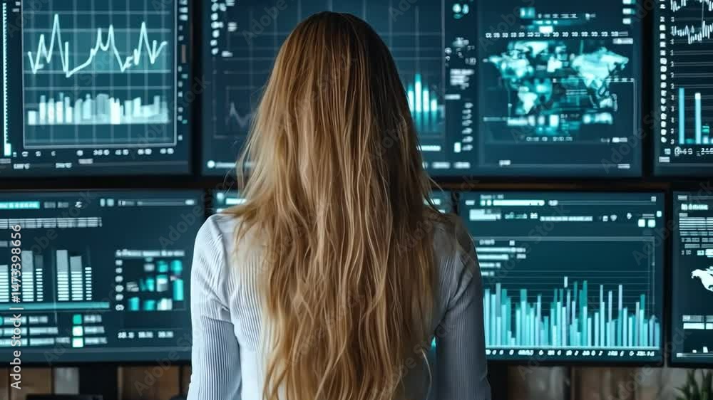 Poster woman analyzes data across multiple screens, showcasing graphs and charts in focused modern workspac