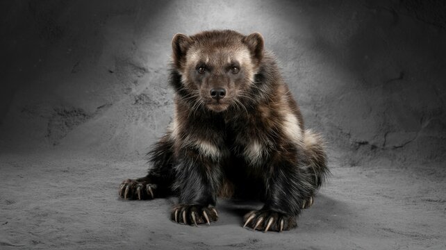 A wolverine sits calmly with attentive eyes and strong paws on a textured, muted grey surface.