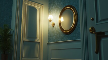 Vintage hallway at night with mirror and lights