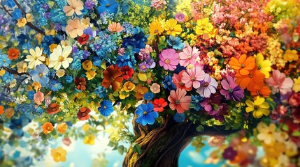 A tree full of various flowers, showcasing the wonderful essence of our vibrant and evolving planet, where scenery changes, weather dances, and life intertwines intricately.