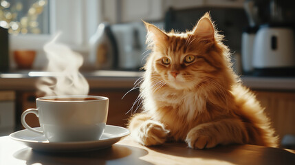 A fluffy ginger cat sits patiently beside a steaming cup of tea on a sunlit kitchen table
