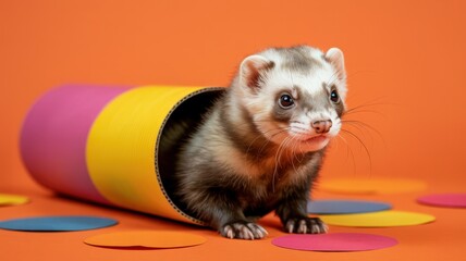 A playful ferret curiously peeks out from a colorful cardboard tube on a vibrant orange background.