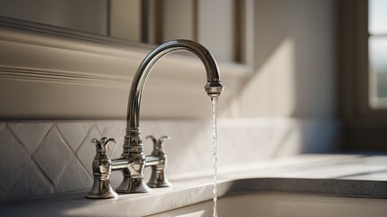 Close-up view of a modern chrome faucet with flowing water.